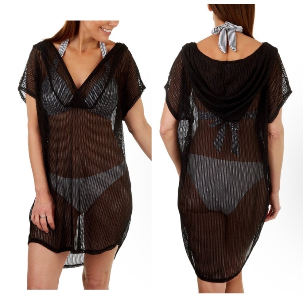 ✅ NWT Jordan Taylor Women‘s Black Chevron Hoodie Tunic Swim Coverup